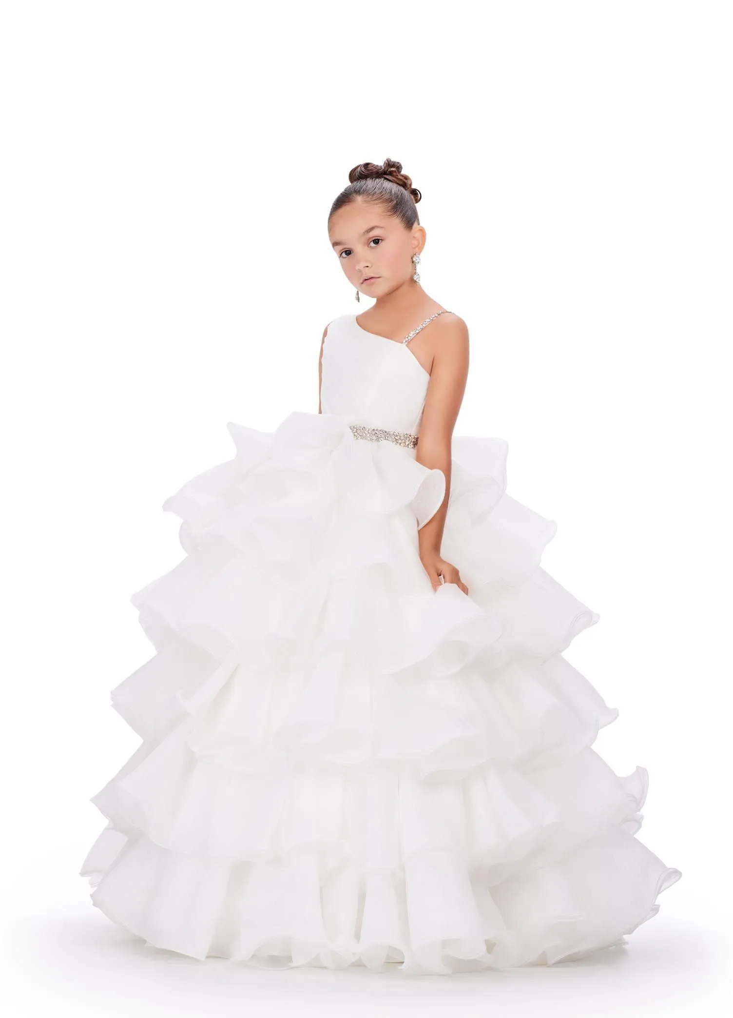 Ashley Lauren Kids 8217 Long Ruffle Layer Girls Pageant Ballgown Bow Crystal Belt Gown