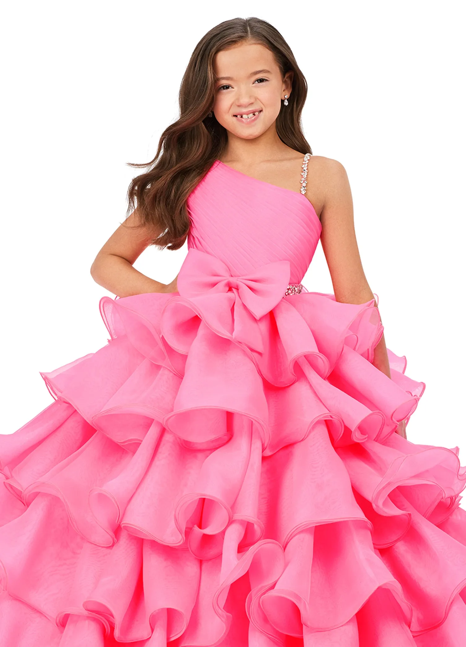 Ashley Lauren Kids 8217 Long Ruffle Layer Girls Pageant Ballgown Bow Crystal Belt Gown