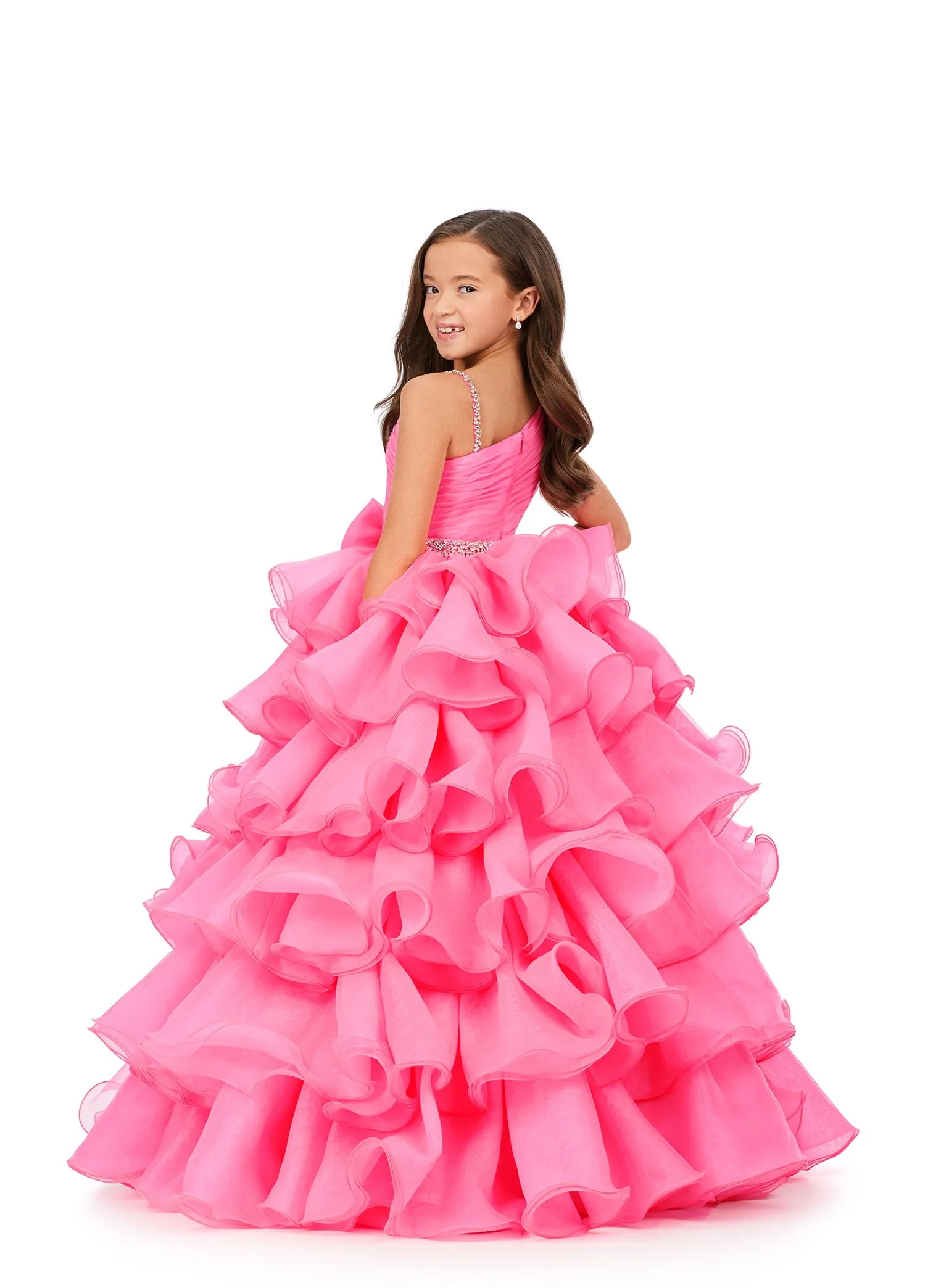 Ashley Lauren Kids 8217 Long Ruffle Layer Girls Pageant Ballgown Bow Crystal Belt Gown