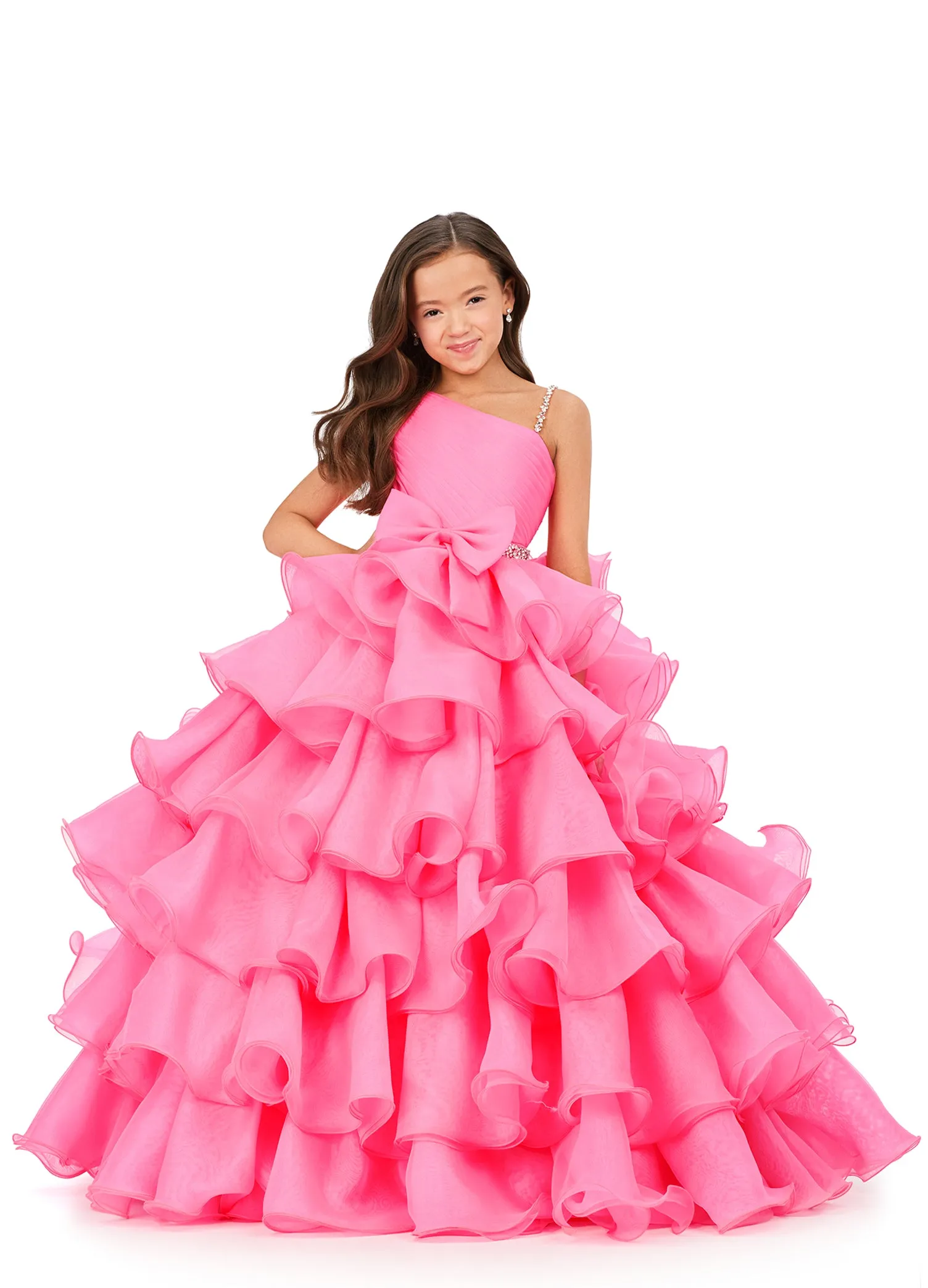 Ashley Lauren Kids 8217 Long Ruffle Layer Girls Pageant Ballgown Bow Crystal Belt Gown