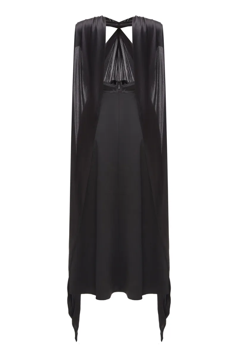 BLACK SILK AND WOOL MIDI DRESS