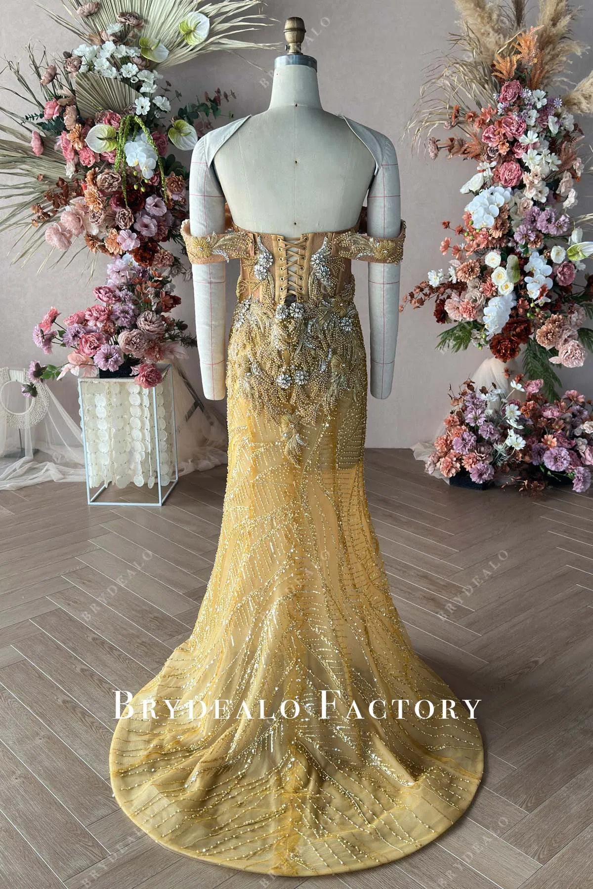 Custom Gold Beaded Sequined Off Shoulder Corset Mermaid Prom Dress