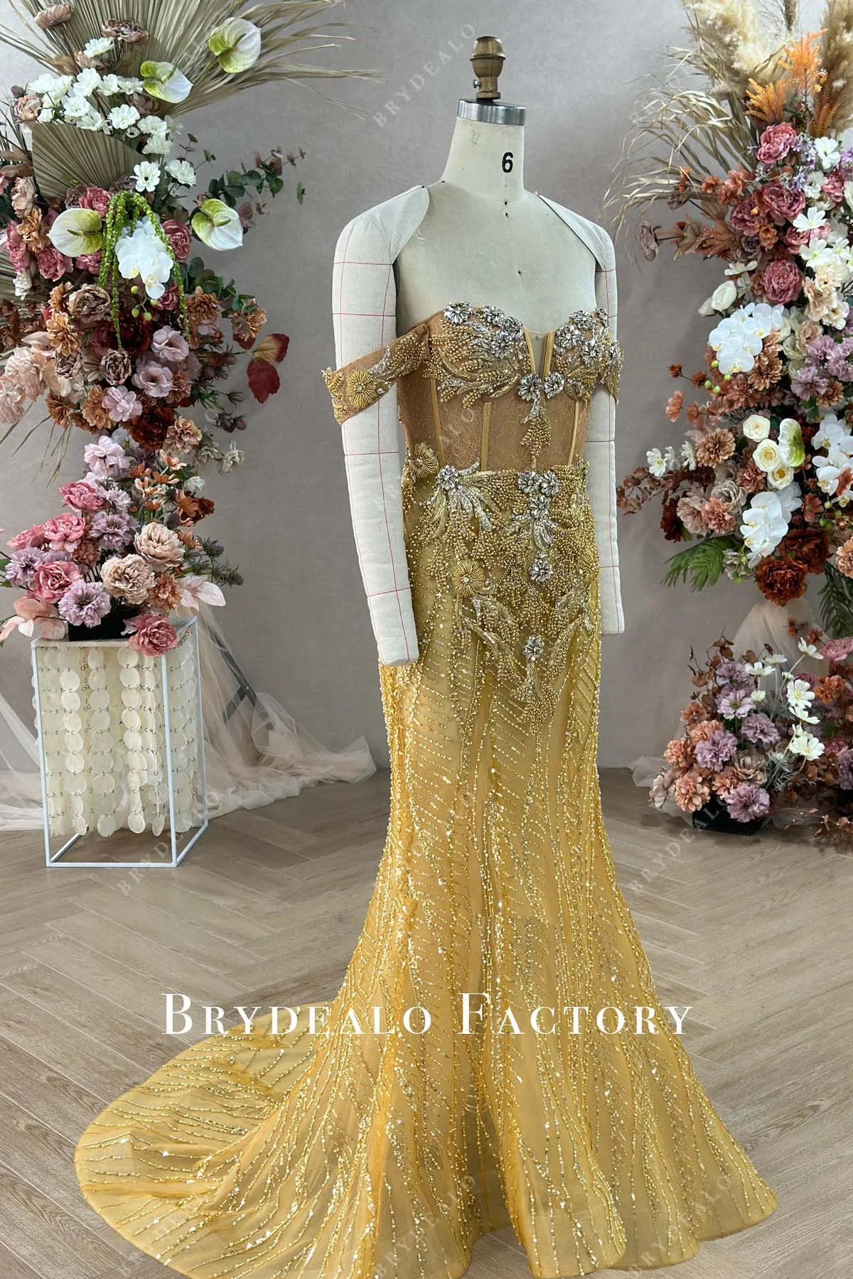 Custom Gold Beaded Sequined Off Shoulder Corset Mermaid Prom Dress