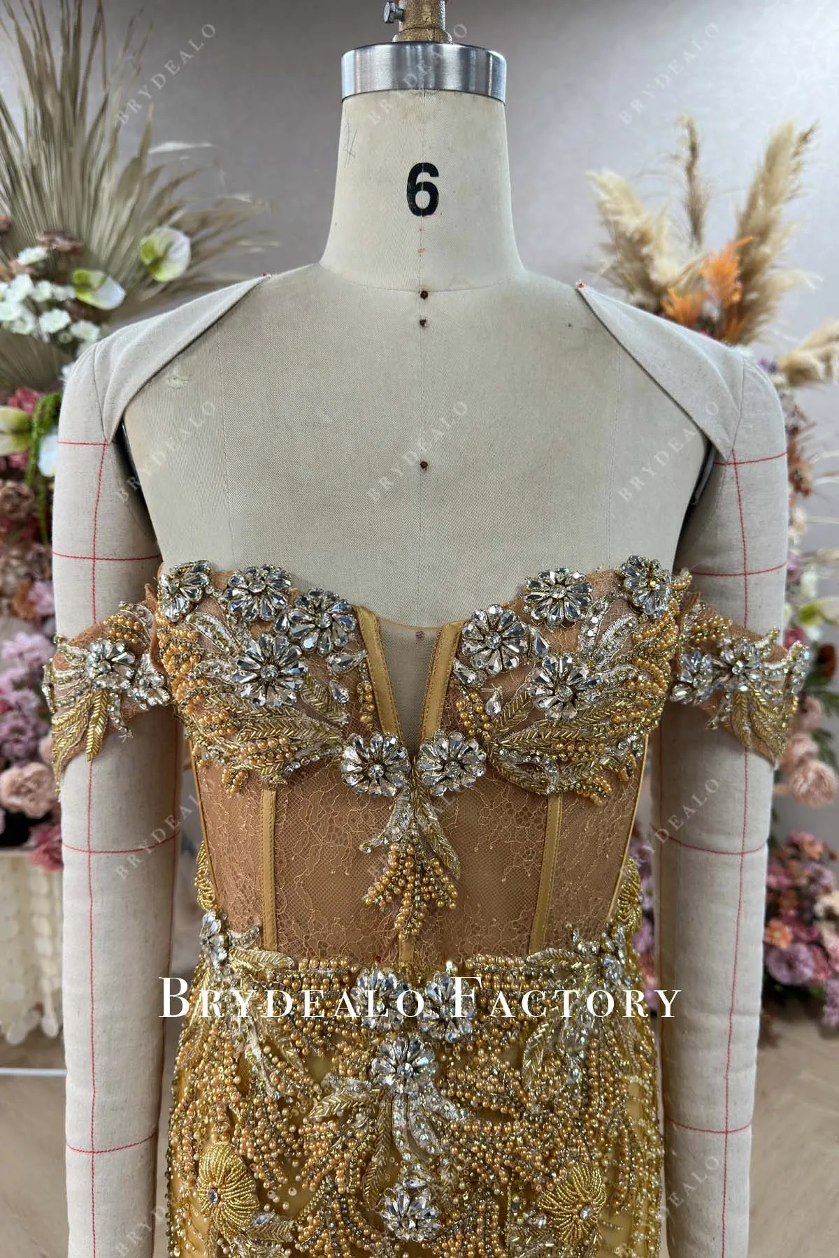 Custom Gold Beaded Sequined Off Shoulder Corset Mermaid Prom Dress