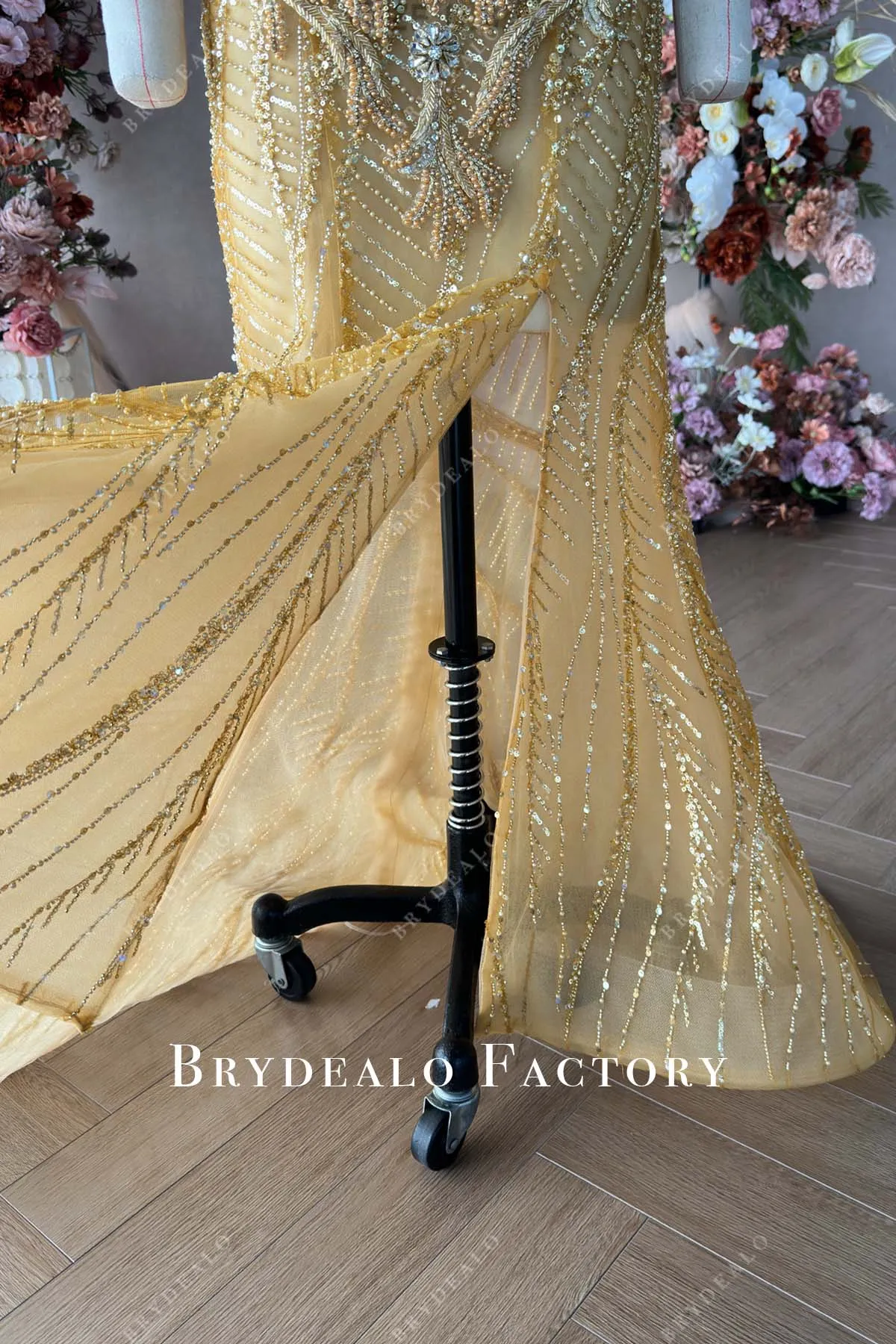 Custom Gold Beaded Sequined Off Shoulder Corset Mermaid Prom Dress