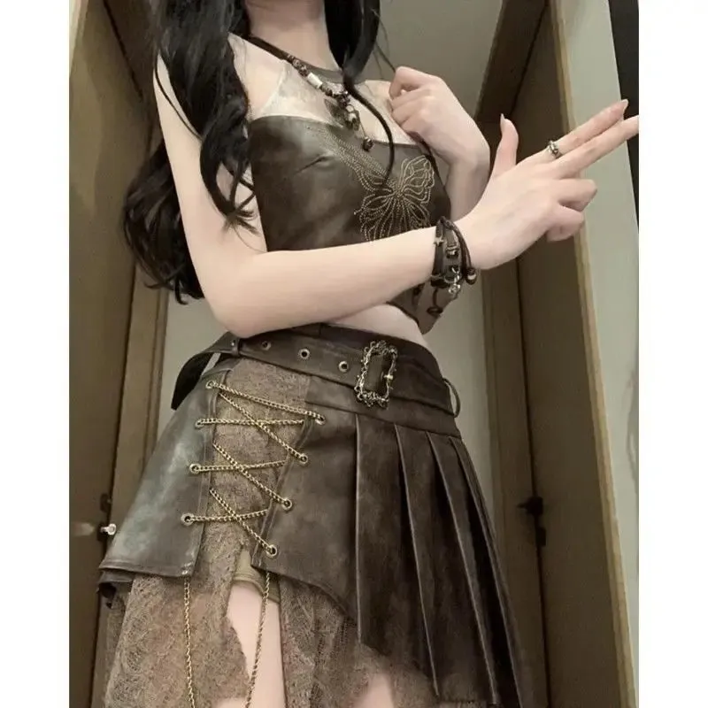 Girlary Cool Design Neck Sleeveless Top High Waist Irregular Splicing Lace Retro Suit Tide Pure Desire Wind Spice Girls Women's Clothing