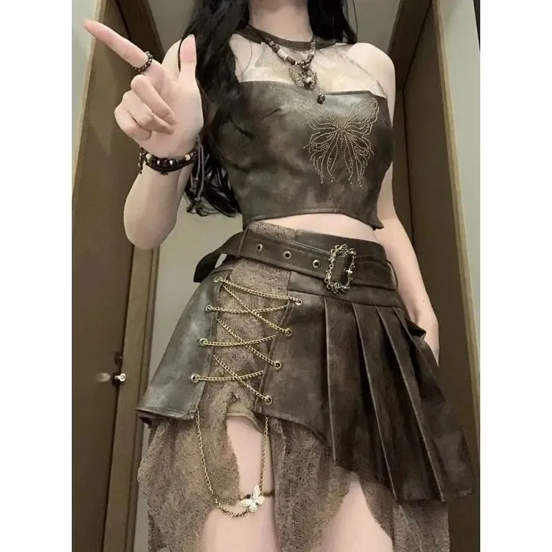 Girlary Cool Design Neck Sleeveless Top High Waist Irregular Splicing Lace Retro Suit Tide Pure Desire Wind Spice Girls Women's Clothing