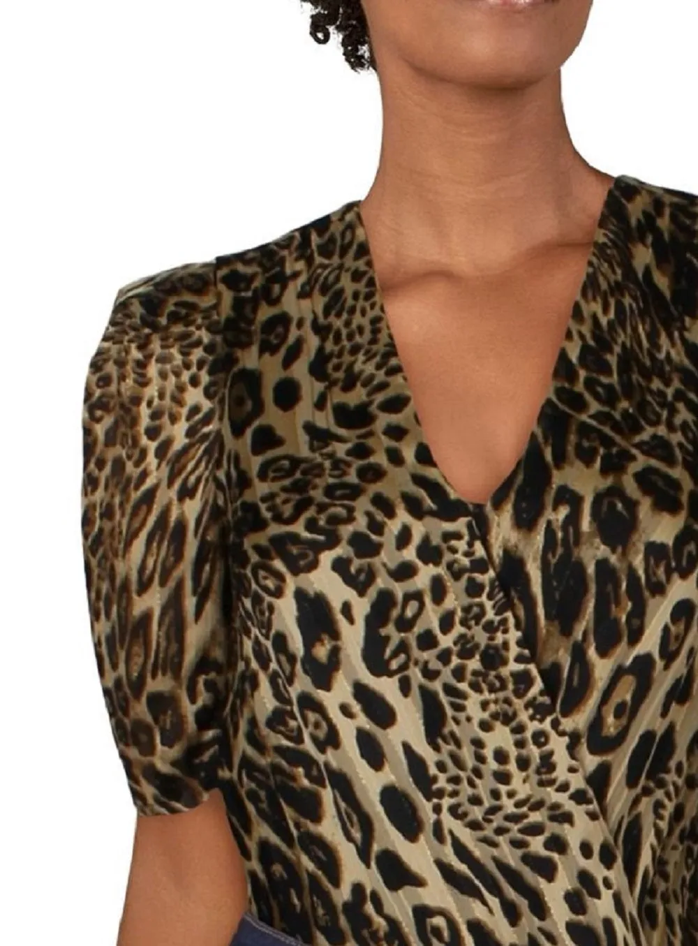 Lini Women's Metallic Animal Print Short Sleeve Surplice Neckline Body Suit Top Black Size X-Small