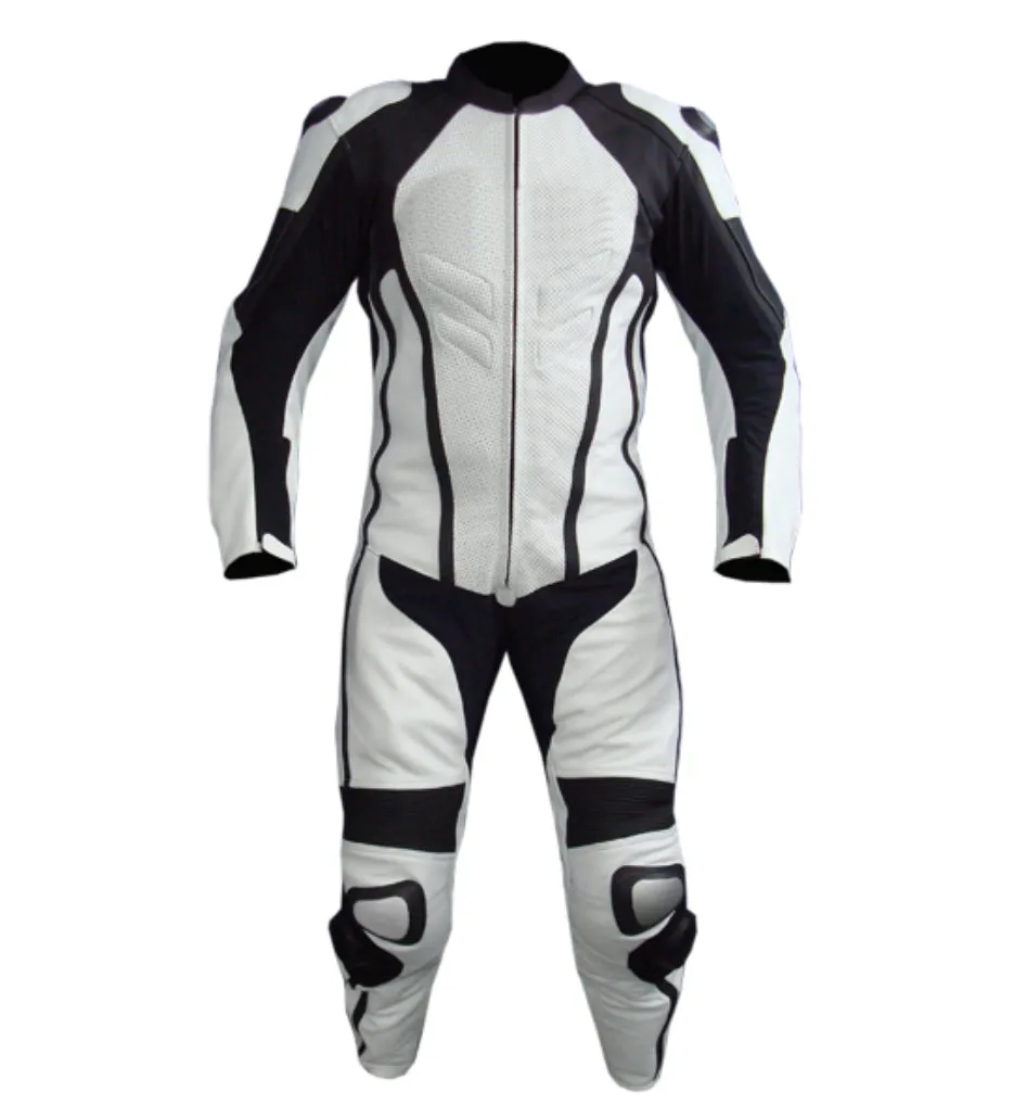 MEN MOTORCYCLE RIBS LEATHER RACING BLACK/WHITE SUIT