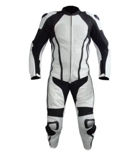 MEN MOTORCYCLE RIBS LEATHER RACING BLACK/WHITE SUIT