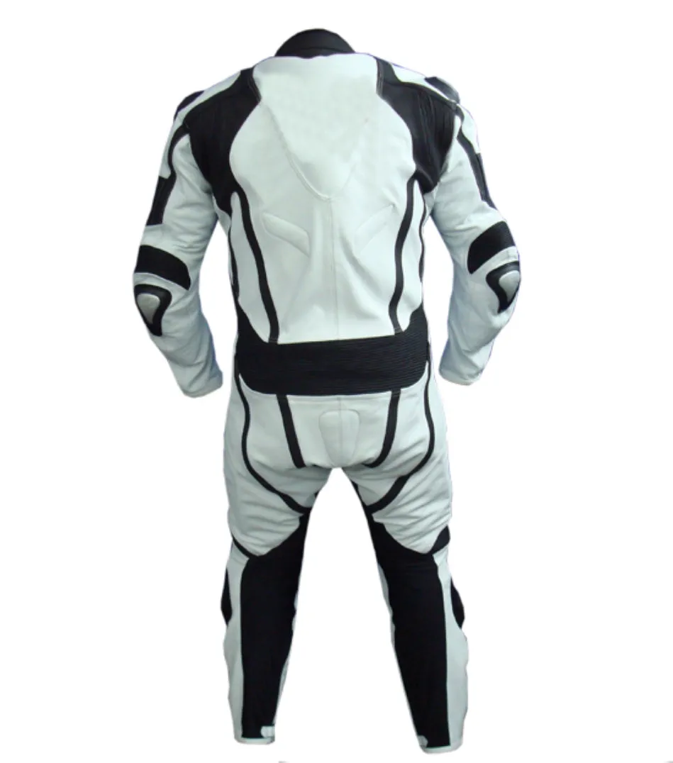 MEN MOTORCYCLE RIBS LEATHER RACING BLACK/WHITE SUIT
