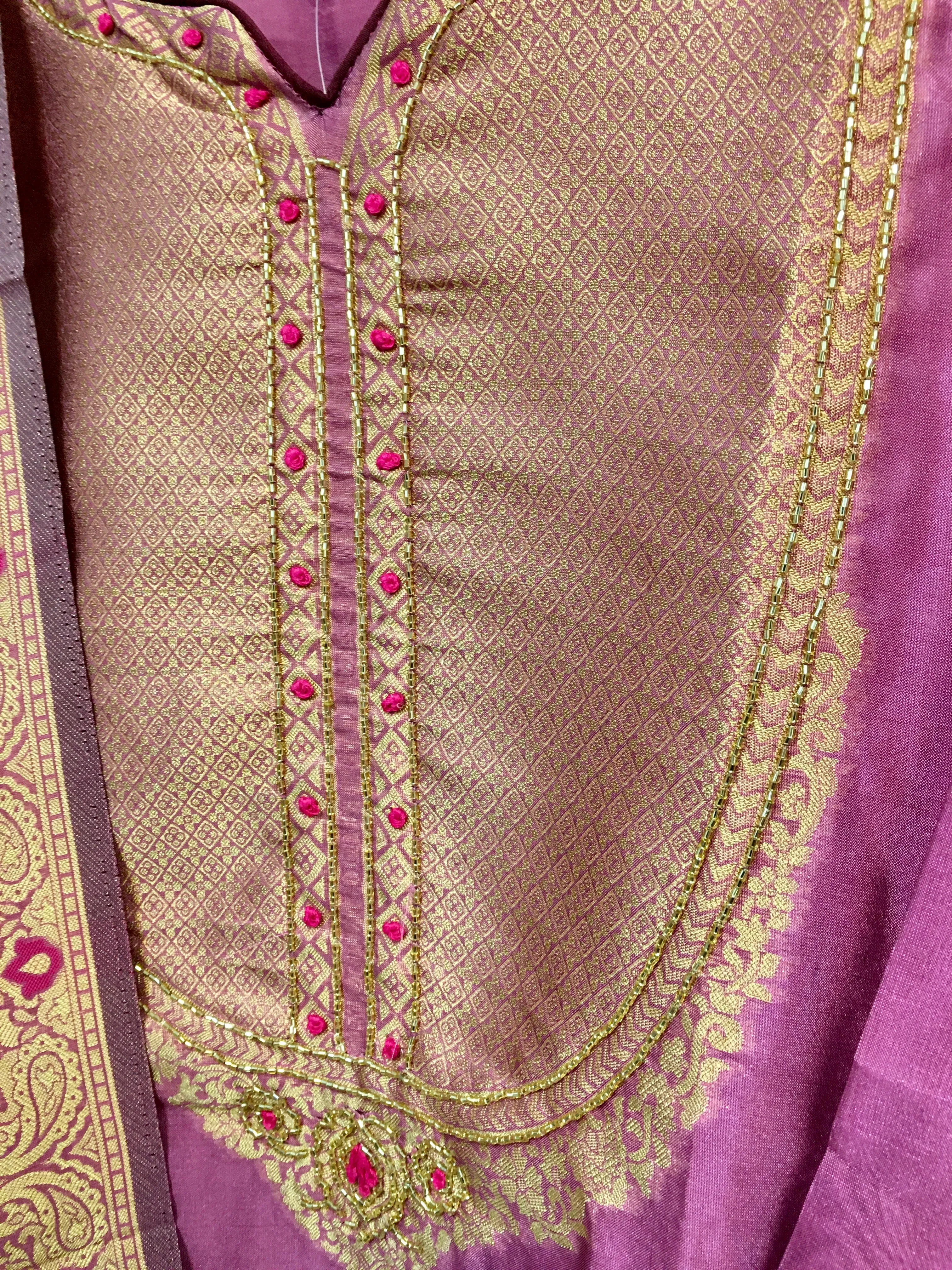 PNK004-Silk suit with banarasi dupatta mustard yellow and onion pink.