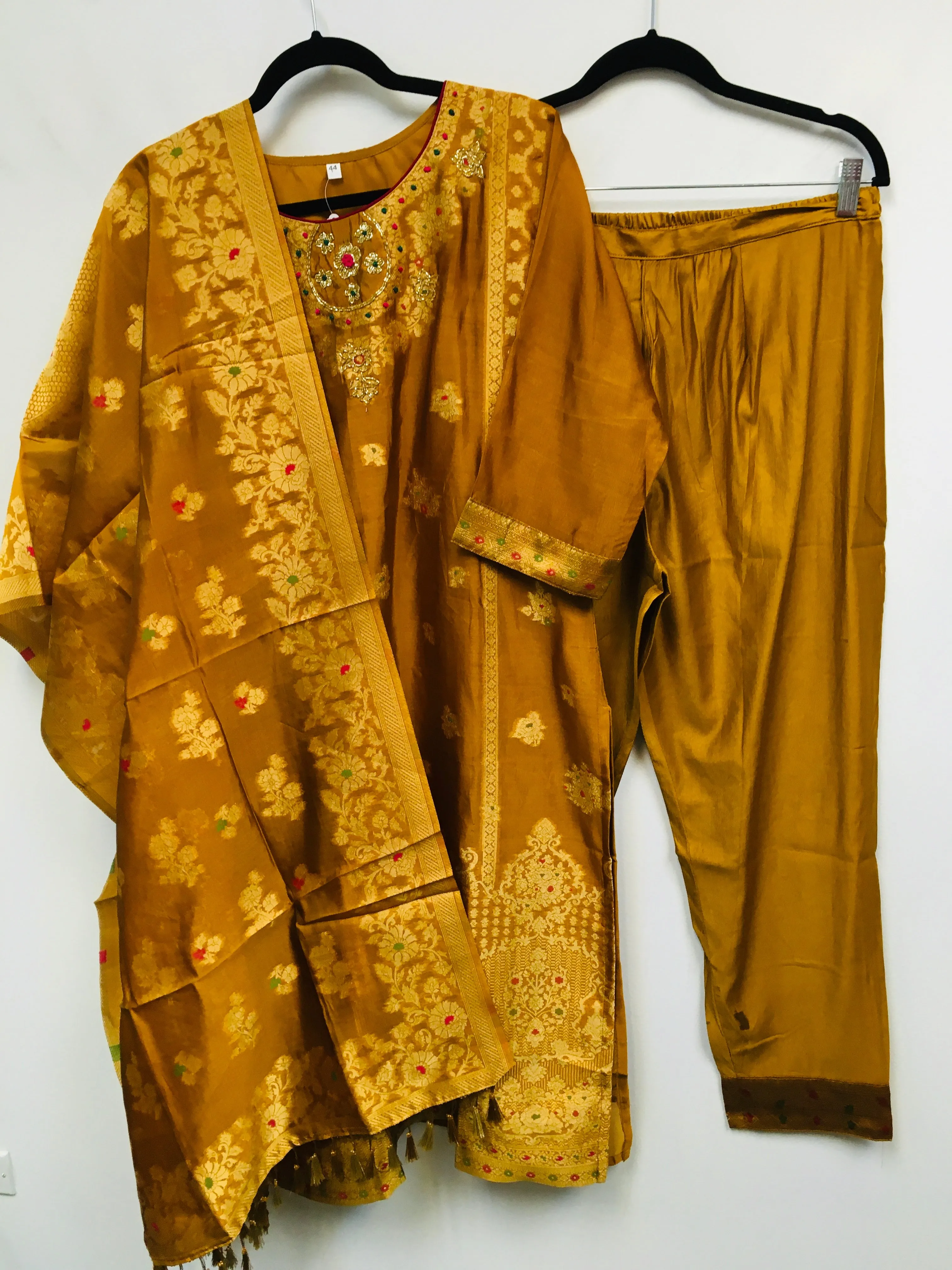 PNK004-Silk suit with banarasi dupatta mustard yellow and onion pink.