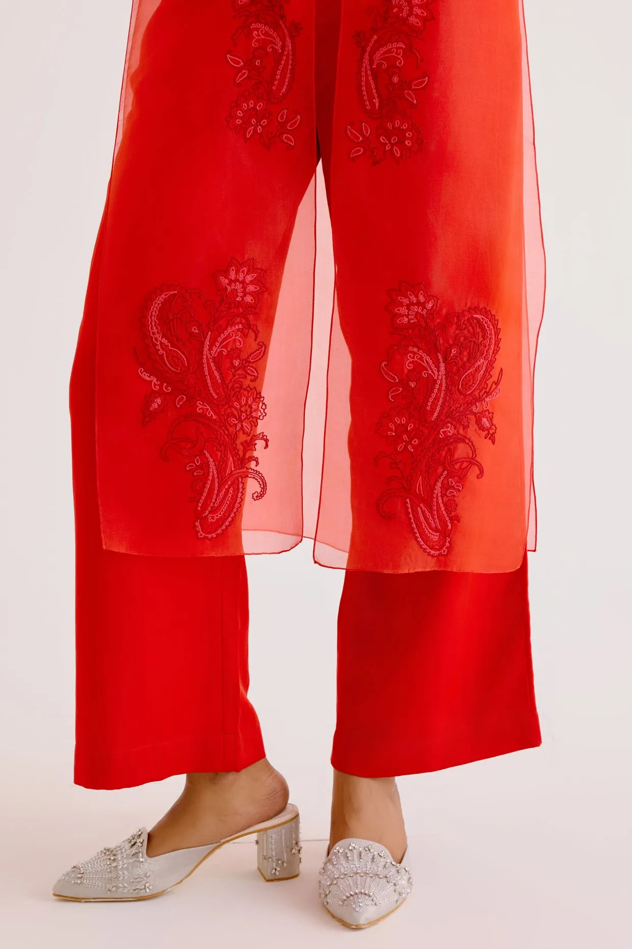 Red Embroidered Cape and Pant Set