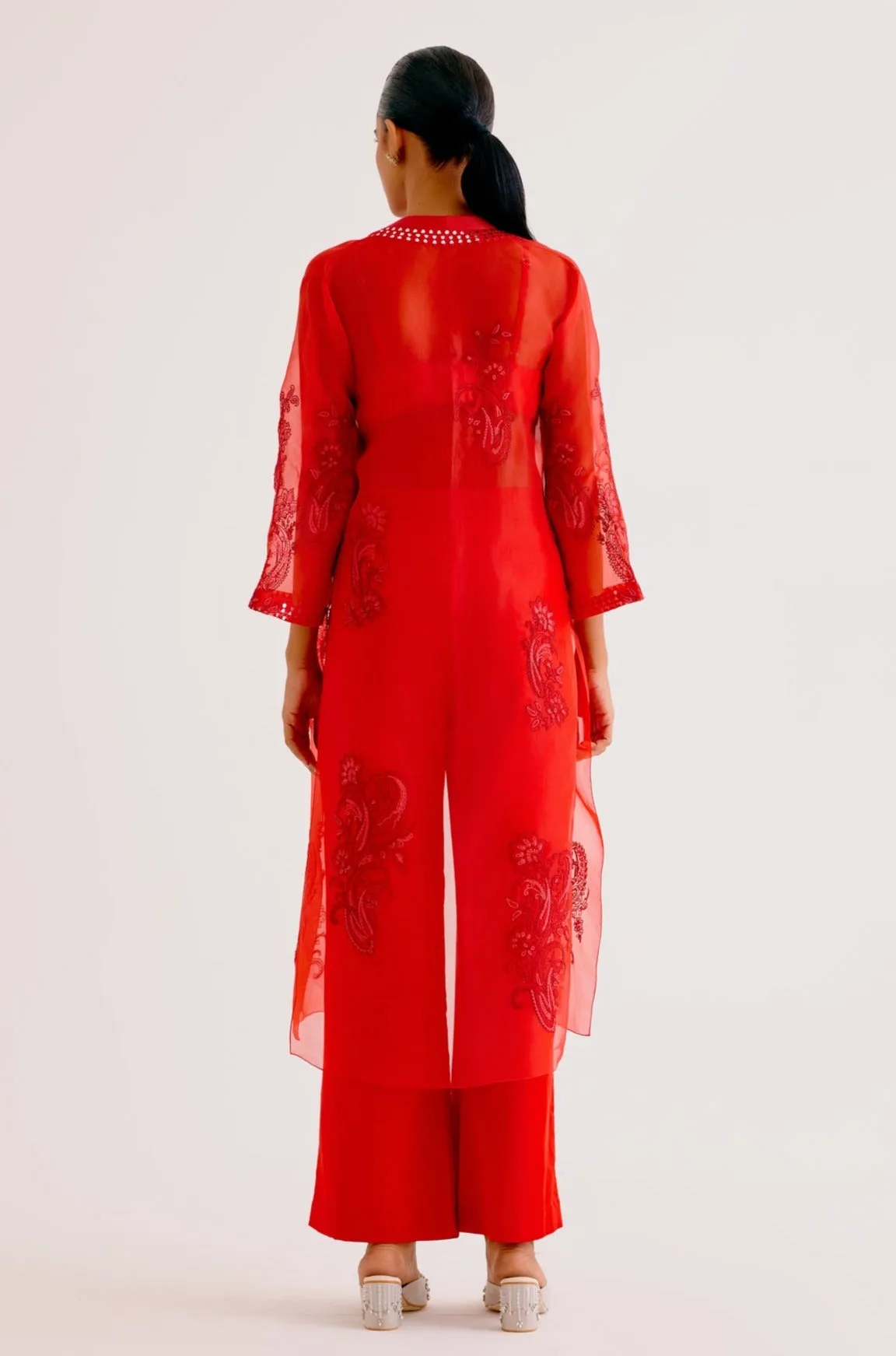 Red Embroidered Cape and Pant Set