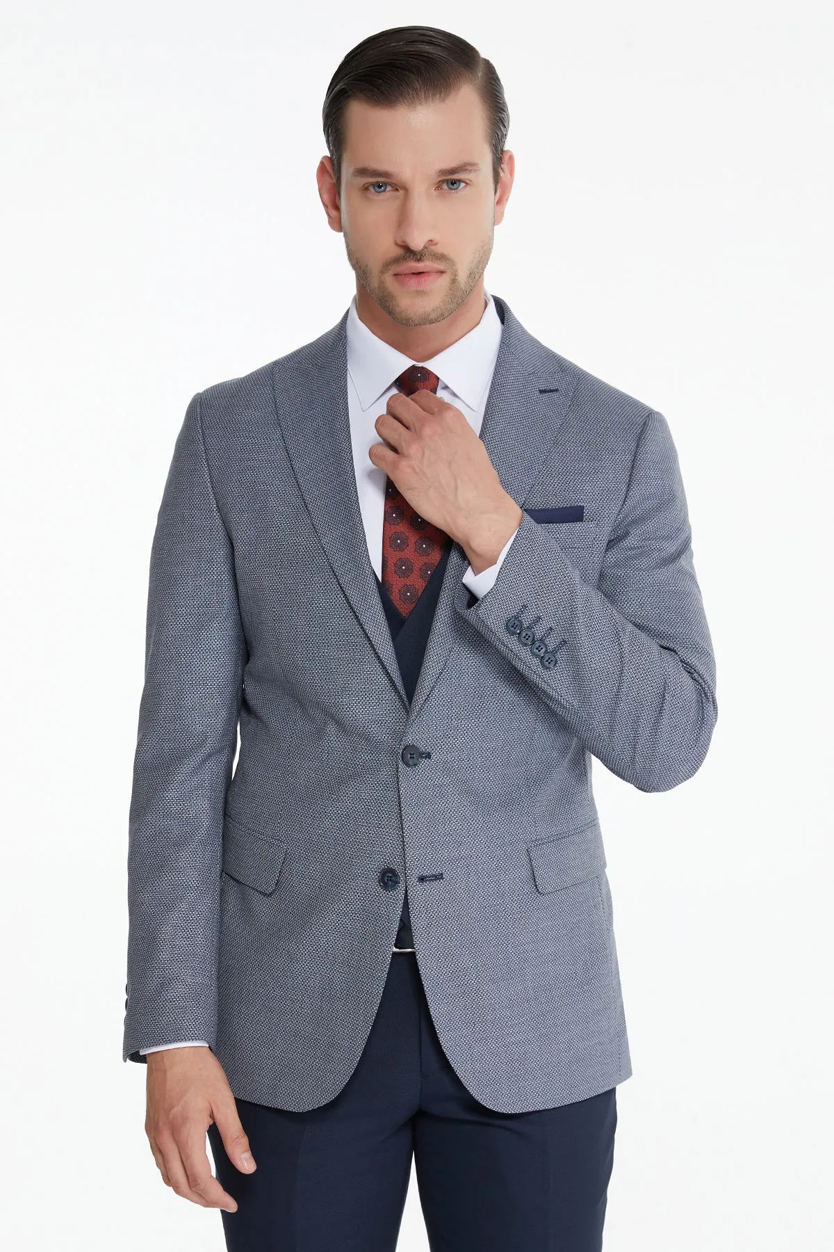 Slim Fit Gray - Navy Wool Blend Casual Suit with Vest